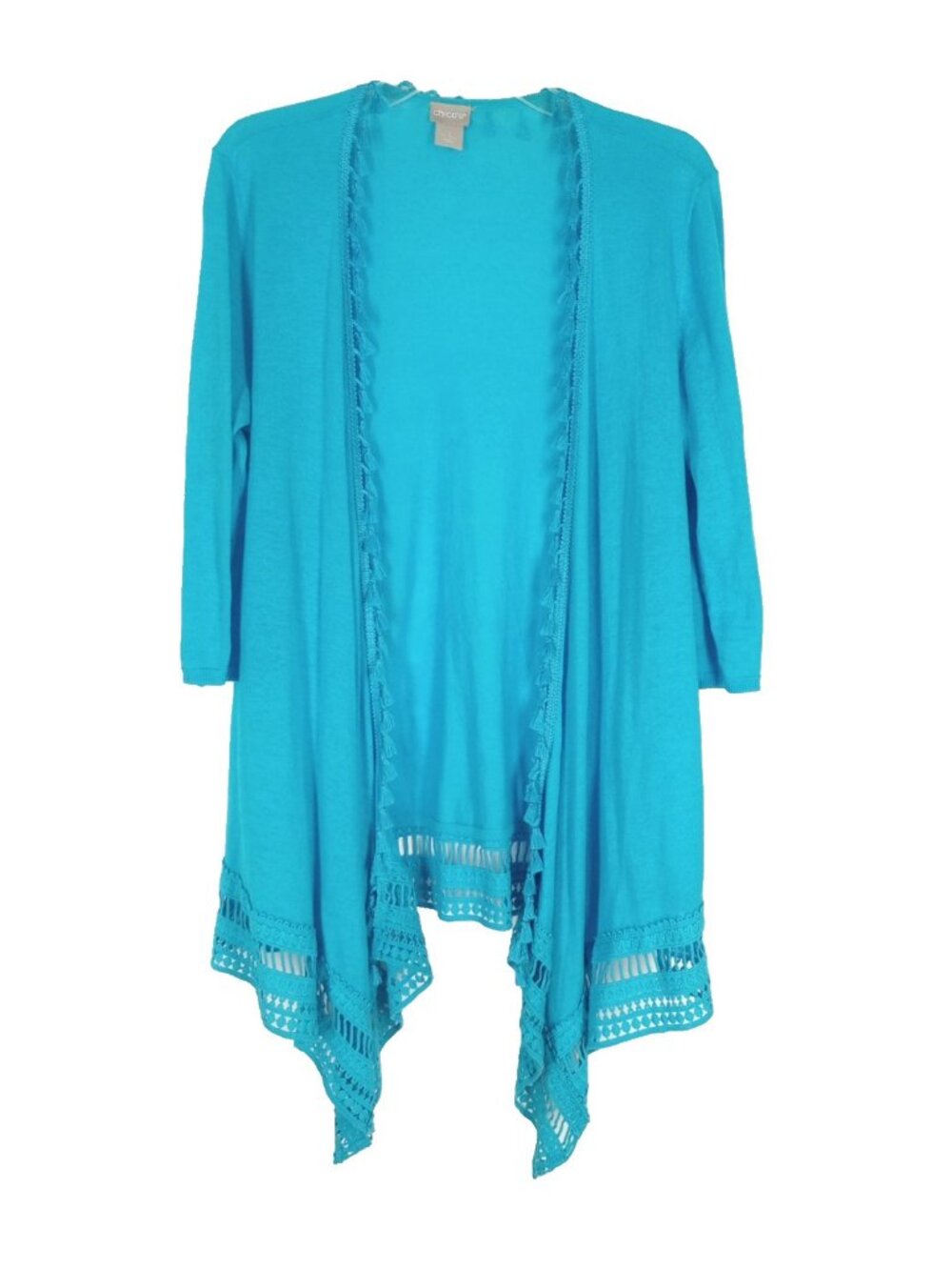 Chicos Cardigan 1 M Linen Cotton Lightweight Blue Tassel Crochet Summer Beachy